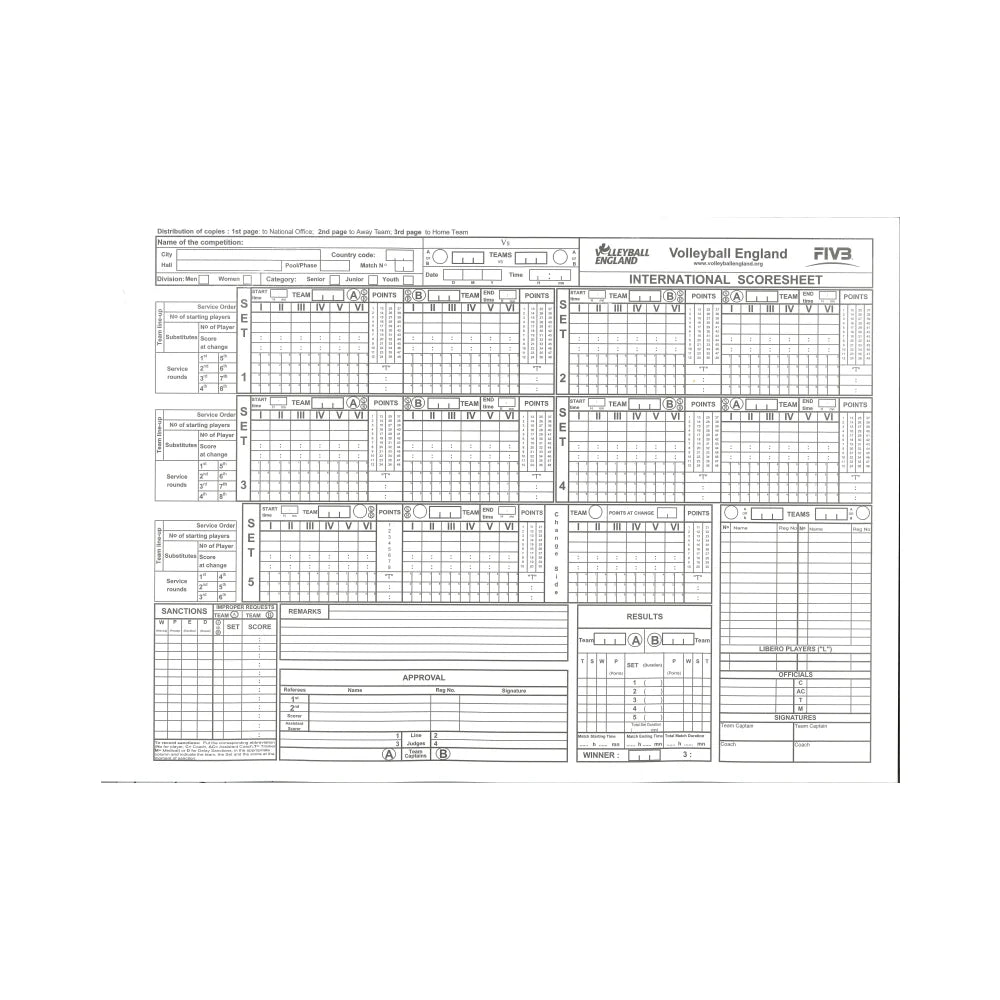 Volleyball England Scoresheet Pads